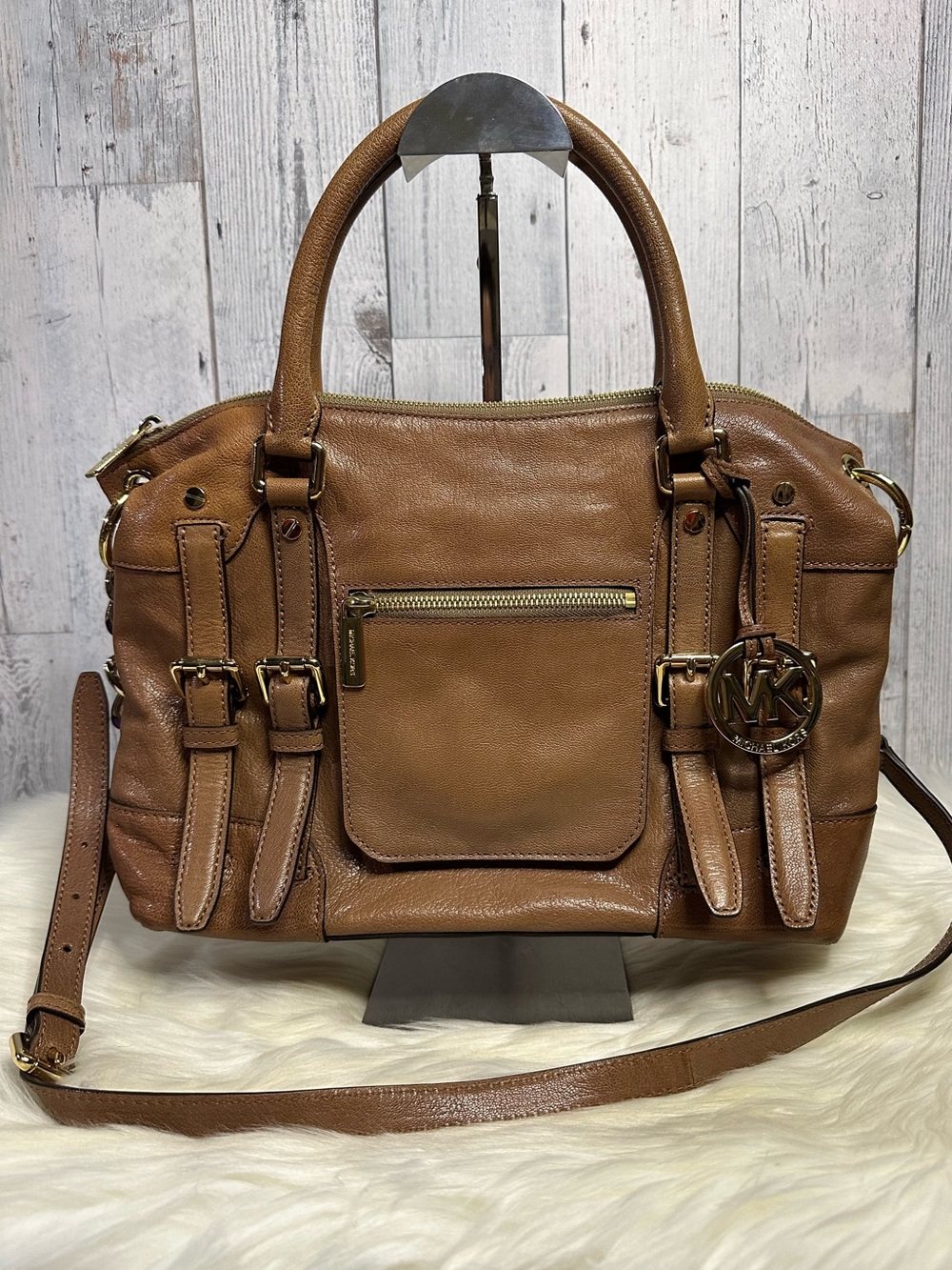 Michael Kors Cognac Leather Satchel with Gold-Tone Hardware